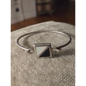 Mother of Pearl Onyx Bangle Bracelet Sterling Mexico Vintage